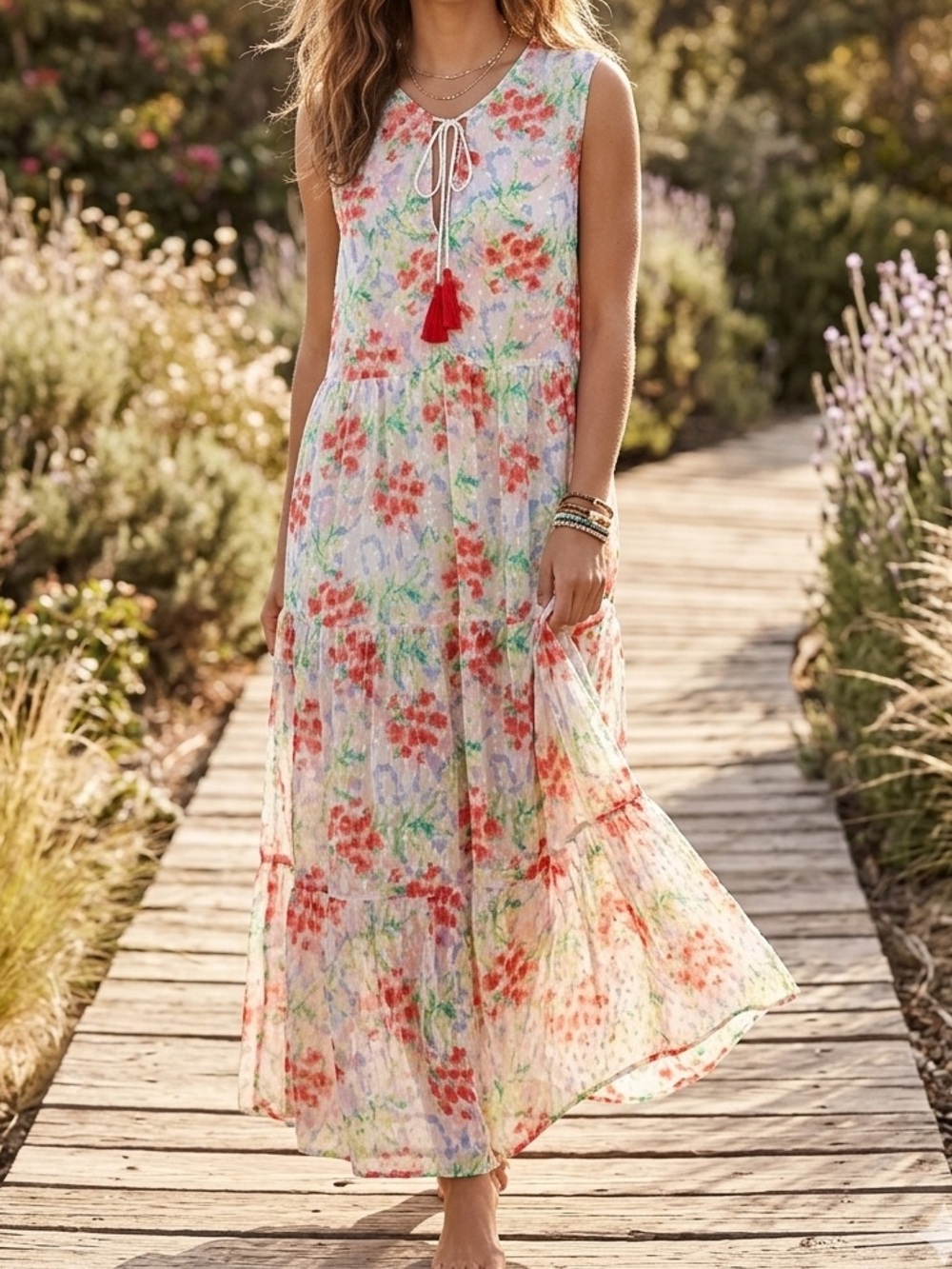 America & Beyond Floral Clip Dot Chiffon Maxi Dress Sleeveless Tassel Tie 🤩